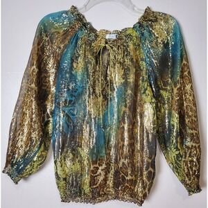 Cache XS Silk‎ Metallic Gold Teal Blue Top Floral Animal Print Y2K Sheer
